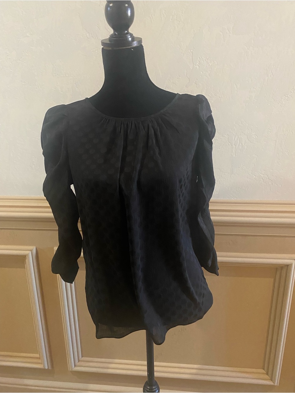 Max Studio Black Sheer Dot-Texture with Ruched-Sleeve Blouse